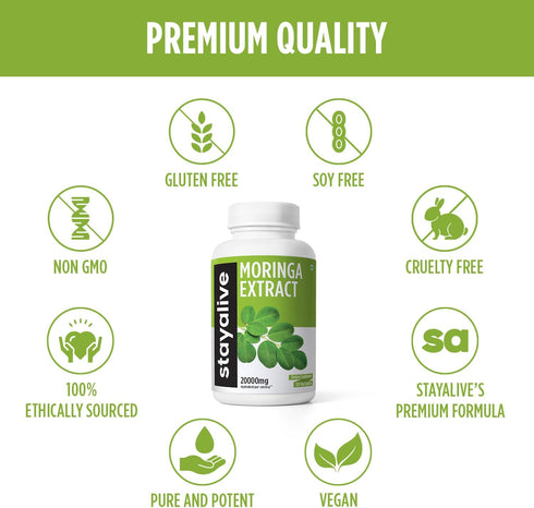 STAY ALIVE Pure Moringa Capsules, 20000mg Equivalent, 120 Vegan Moringa Pills, Immune, Digestive & Body Support, Green Superfood with Extra Streng...