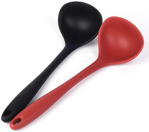 Silicone Ladle Soup Spoon Set of 2, Nonstick Heat Resistant Long Handle Unbreakable Big Round Scoop for Home Kitchen Cooking,Red and Black...