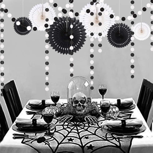 Cheerland Black White Party Decorations Hanging Paper Fans Garland Kit Wedding Halloween Birthday Baby Shower Casino Gothic Decor Spooky Haunted H...