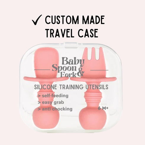 Silicone Baby Spoon and Fork Set with Custom Travel Case, Self Feeding, BPA Free, Anti-Choke (Pink)...