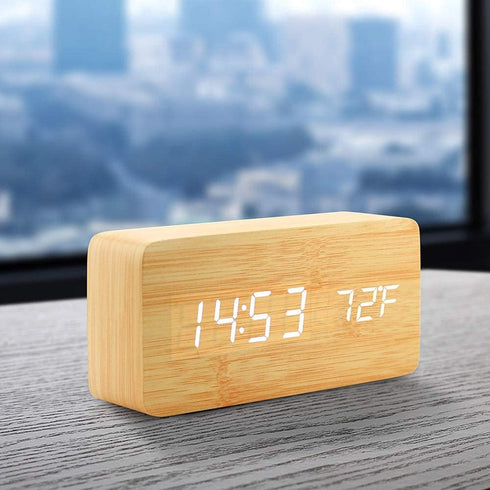 OCT17 Wooden Digital Alarm Clock, Wood Fashion Multi-Function LED Alarm Clock with USB Power Supply, Voice Control, Timer, Thermometer - Bamboo...