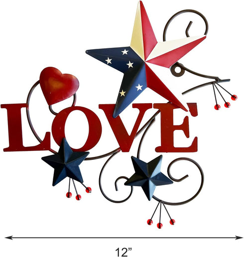 Primitive Country Metal Love Star Wall Art, Americana Hearts and Stars, 4th of July Farmhouse Patriotic Indoor Outdoor Wall Decor (Love)...