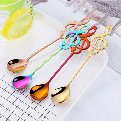 Coffee Spoons Tea Dessert Espresso Musical Note Stainless Steel 304 Long Handle Black Rose Gold Blue Purple Rainbow Silver Megic Red Set of 8...