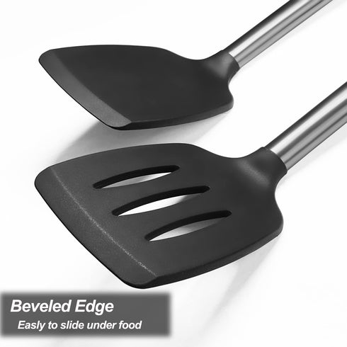 2 Pack Spatulas, Solid & Slotted Silicone Spatula Set, Stainless Steel Handle Coated with Silicone, Non Stick Turners, Heat Resistant Rubber Spatu...
