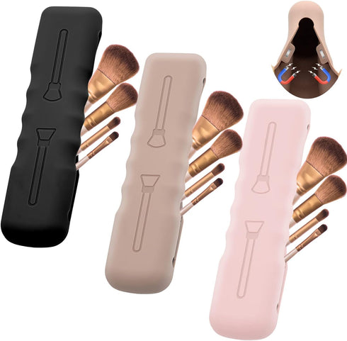 3Pack Travel Silicone Makeup Brush Case Bag Soft Cute Portable Cosmetic Brushes Holders,Waterproof Makeup Brushes Organizer for Traveling with Mag...