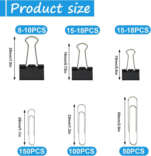 340 PCS Paper Clips and Binder Clips Assorted Sizes, Large Medium Small Silver Paperclips&Black Binder Clip Set for Home&School&Office Document Or...