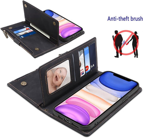 Phone Case for iPhone 11 Pro Max 6.5 Wallet Cover With Tempered Glass Screen Protector and Shoulder Crossbody Wrist Strap Lanyard Flip Zipper Cred...