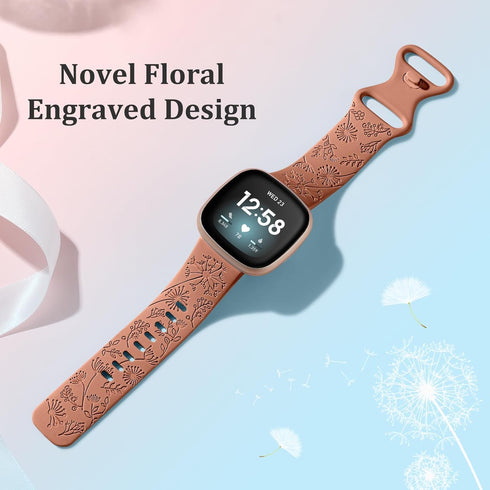 Flower Engraved Bands Compatible with Fitbit Versa 4 Band for Women/Fitbit Versa 3/Sense 2 1 Bands for Women,Fancy Dandelion Cute Floral Pattern W...