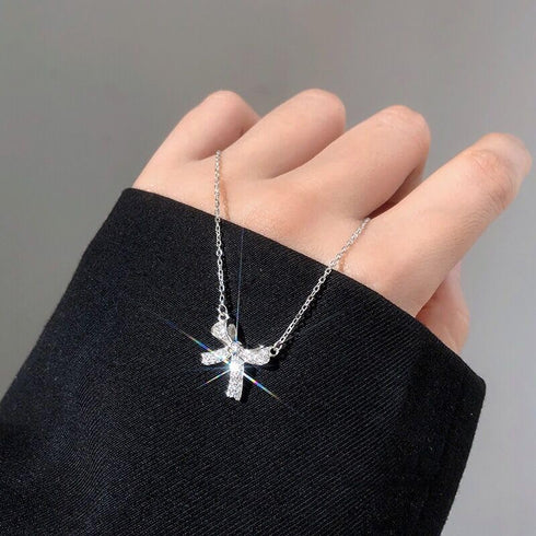 silver bow necklace, Women's bow collarbone chain, Bow necklaces for women, Bow pendant necklaces, sparkling fine rhinestone necklaces, Necklace J...