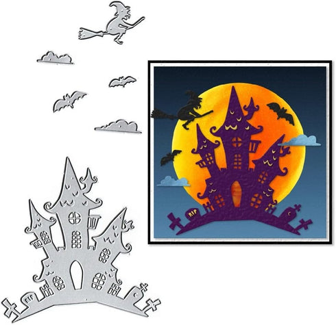 Halloween Castle Die Cuts for Card Making, Halloween Witch Bats Cutting Dies Sets House Background Dies Stencils Embossing Template for Scrapbooki...