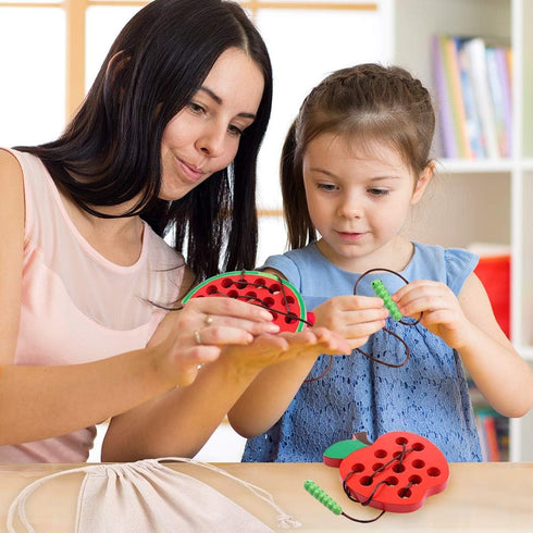 KLT Lacing Toy for Toddlers, Wooden Threading Toys, 1 Apple and 1 Watermelon with Bag, Educational and Learning Montessori Activity for Baby and K...