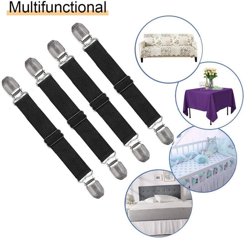 4Pcs Adjustable Bed Sheet Straps Clips, Elastic Mattress Sheet Fasteners Holder and Suspenders, Grippers to Hold Sheet, Mattress, Sofa, Couch, Tab...
