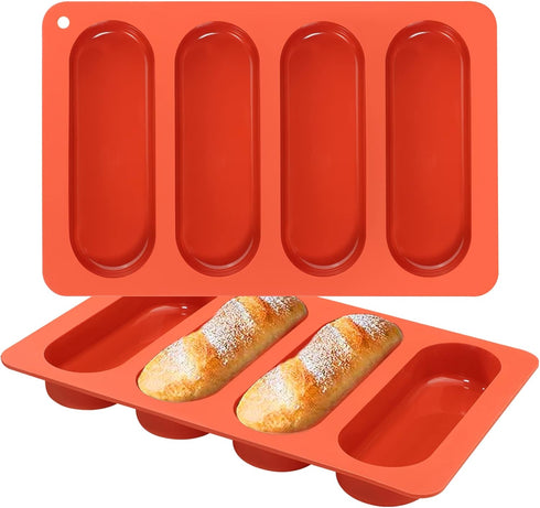Webake Hot Dog Bun Pan, 2 Pack SIlicone Hotdog Bun Molds Nonstick Bread Forms Mini Baguette Sandwich Baking Tray for Hot Dog Bun Rolls Cake and Ec...