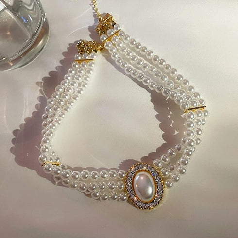fxmimior Boho 3 Tier Pearl Rhinestones Gold Shiny Choker Necklaces Dainty Rhinestones Pearls Chunky Short 1920s Choker Necklace Chain Multilayer C...