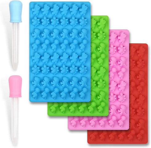 homEdge Silicone Mini Dinosaur Candy Molds, Set of 4 Packs Non Stick Chocolate Gummy Mold Bonus with 2 Dropper-Blue, Red, Green and Pink...