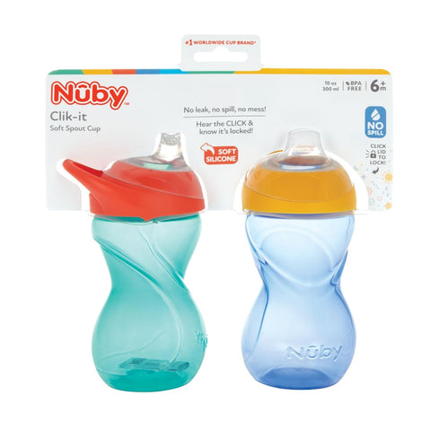 Nuby No-Spill Clik-it Soft Spout 10oz Cup Leak-Proof & Easy-Grip Design with Carabiner Attachment for On-The-Go Hydration, 2 pack, 6+M, Neutral Co...