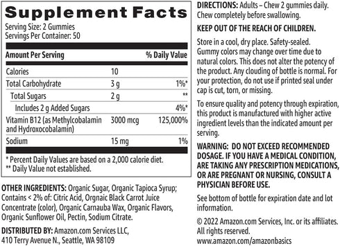 Amazon Basics Vitamin B12 3000 mcg Gummies, Normal Energy Production and Metabolism, Immune System Support, Raspberry, 100 Count (2 per serving) (...