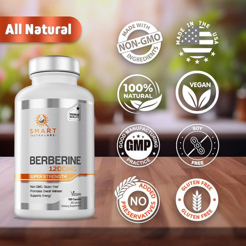 Smart Nutra Labs Premium Berberine HCL 1200mg- 180 Vegan Capsules, 100% Pure Berberine Supplement- Non-GMO, Gluten Free...