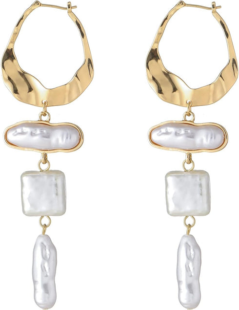 Statement Pearl Dangle Earring Luxury Chandelier Earring Gold and Pearl Earring Organic Style Earring Hoop Earring...