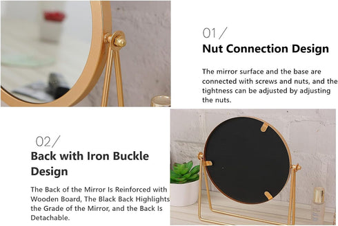 Geschaft Golden Tabletop Single Sided Makeup Mirror, 360°Rotation Iron One-Sided Dressing Table Mirror, Round Swivel Desktop Stand Mirror (Golden ...