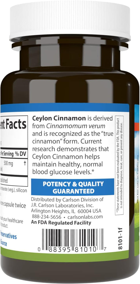 Carlson - Ceylon Cinnamon, Cinnamon Supplements, 500 mg, Cinnamon Extract Pills, Ceylon Cinnamon Capsules, 45 Capsules...