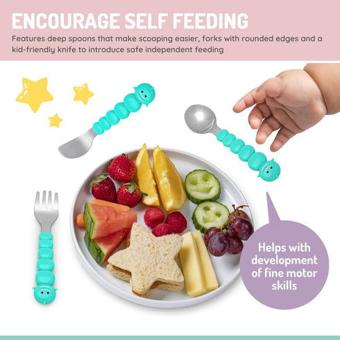 melii Toddler and Kid Feeding Spoon Fork & Knife Set, Stainless Steel – Bulldog, Cat, Shark, Bear– BPA Free, Dishwasher safe (Bear & Shark 6pc)...