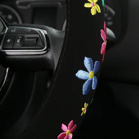 Embroidery Cute Steering Wheel Cover-Deluxe Floral Car Decor,Anti-Slip,Sweat Absorption,Universal 15 inch (floral1)...