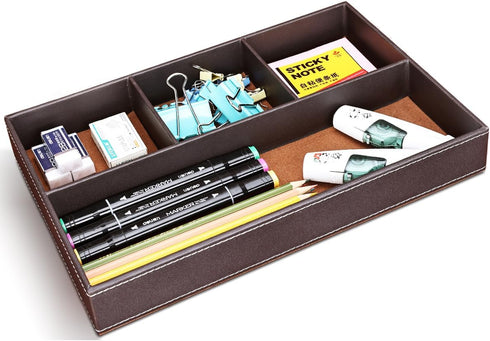 KINGFOM Pu Leather Desk Organizer Tray, 4 Compartment Office Storage Supplies Stationery Drawer Tray, Nightstand Bedside Tray for Key, Wallet, Wat...