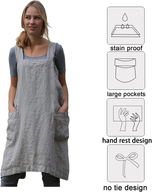 ZQFFB Pinafore Cross Back Apron for Women with Pockets Japanese Smock for Work Gardening Cooking Painting Baking...
