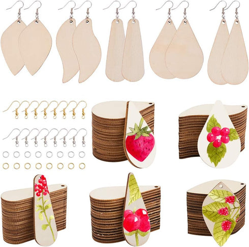 SUNNYCLUE 300Pcs 5 Shapes Unfinished Wooden Earrings Blanks Kit Unfinished Wood Large Charms Pendants Blank with Hole with 100Pcs Earring Hooks 10...