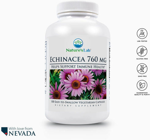 Nature's Lab Echinacea 760mg Dietary Supplement - Powerful All Natural Immune System Support - Non-GMO, Gluten Free - 100 Capsules (50 Day Supply)...