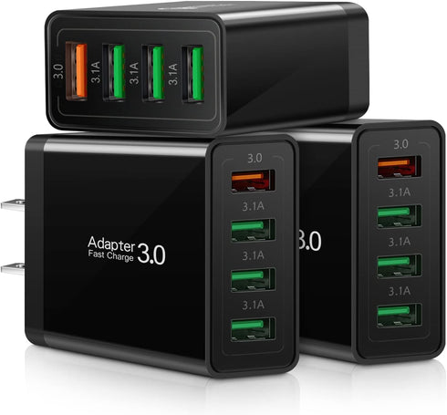 3-Pack Fast Charging 3.0 Wall Charger, 4-Ports USB Charger Block, iSeekerKit Multi USB Power Adapter, Dual Charging Box Plug Brick Cube Compatible...
