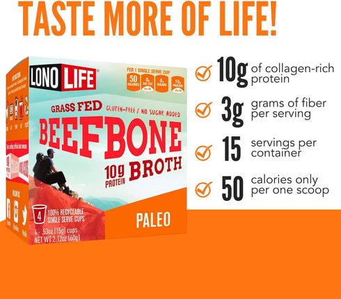 LonoLife Beef Bone Broth Powder Mix | Grass-Fed, 10g Protein | Collagen-Rich, Keto & Paleo Friendly | Natural Ingredients | 10 Single-Serve Cups...