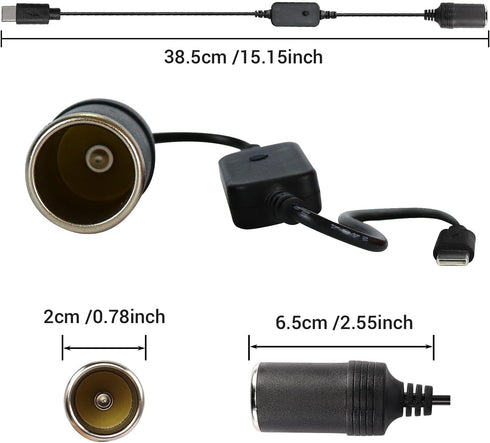 USB C Male to 12V Adapter, USB to Car Cigarette Lighter Socket Converter Cable Adjustable Voltage 5V/9V/12V(1-Pack)...