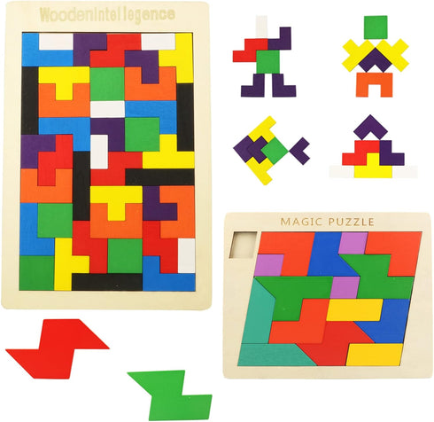 2 Pack Wooden Puzzle Blocks Geometric Tangram + Russian Blocks Puzzle for Kids & Adults, Intelligence Brain Teasers Toy Wooden Puzzle for All Ages...