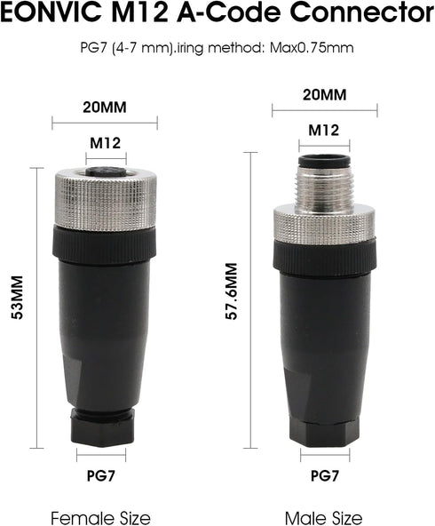 Eonvic 2 Sets M12 5 Pin Male & Female A Code Circular Aviation Plug Industrial Sensor Connector 60V 4A Waterproof Straight 12mm Connector Plug Cab...