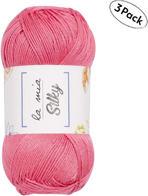 3 Skein La Mia Silky 100% Microfiber Acrylic, Total 10.5 Oz Each 3.52 Oz (110g) / 328 Yrds (300m), Fine, Sport, Baby Yarn, Pink - L015...
