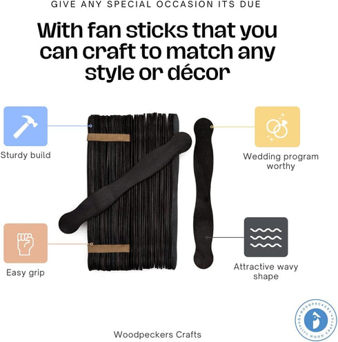 Wooden Black 8" Fan Handles, Wedding Programs, Pack 100, Jumbo Craft Popsicle Sticks for Auction Bid Paddles, Wooden Wavy Flat Stems for DIY Craft...