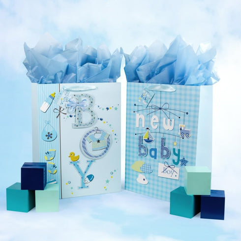 Golden J Store 16.5" Extra Large Baby Gift Bags with Tissue Papers for Baby Showers 2-Pack (Blue)...