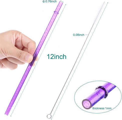 Dakoufish 12 Piece 12 Inch Glitter Sparkle Reusable Straws Made Of Food Grade Hard Thick Tritan Material Plus One Cleaning Brush (12inch,6color)...