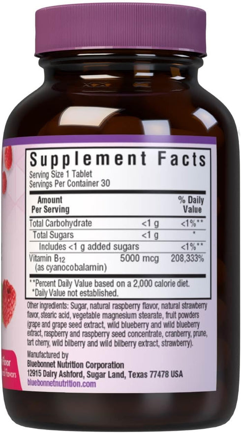 Bluebonnet Nutrition Earth Sweet Vitamin B12 5000 mcg Chewable Tablets, Soy-Free, Gluten-Free, Kosher Certified, Dairy-Free, Vegan, Raspberry Flav...