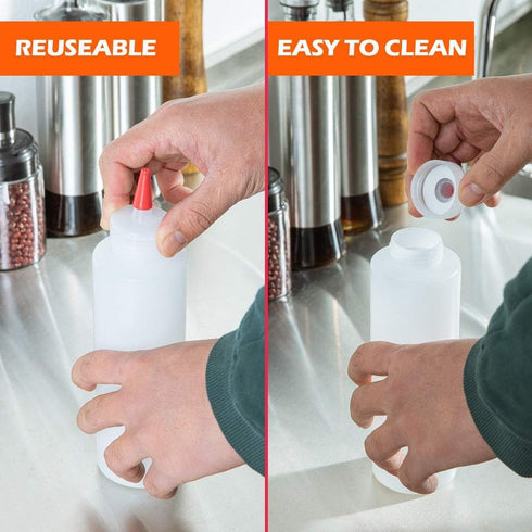 16oz Squeeze Bottles with Red Cap-Pack of 2 Wide Mouth, Leak Proof Refillable Condiment Container for Kitchen Use...