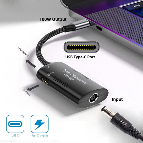 Cablecc 5.5x2.5mm 5.5x2.1mm DC Power Input to 100W Dual Type C USB-C and Type-A Output PD Emulator Trigger Charge Cable......