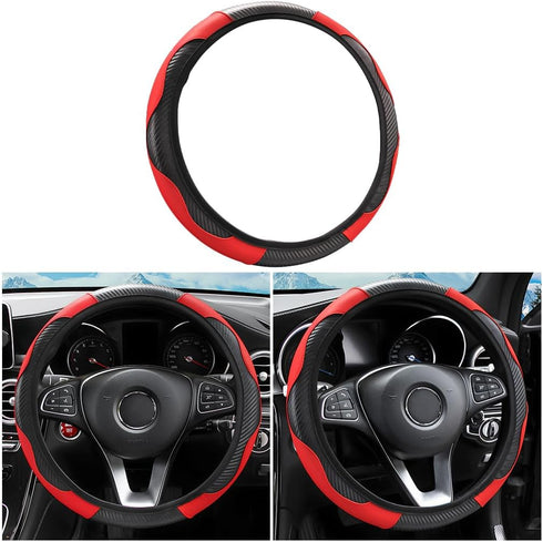 Car Steering Wheel Cover, Microfiber PU Leather Elastic Carbon Fiber Auto Steering Wheel Protector, 15 Inch Breathable Anti-Slip for Women Men, Ca...