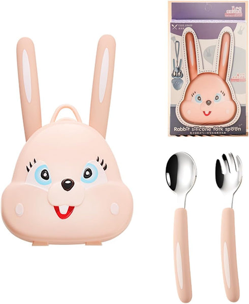 Bunny Travel Metal Toddler Utensils, Toddler Spoon and Fork Set for child, Outdoor or On the go convenient, 2pcs, suitable for 12 Months+ (pink)...