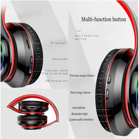 Bluetooth Over Ear Headphones, LED Lights Headphones with Built-in Mic, Light Weight, Bluetooth 5.0, Wireless Foldable HiFi Stereo Headphones for ...