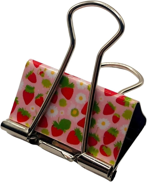 Fun Strawberry Print Binder Clips, 1 1/4"" Size, Set of 6, Red, Pink, Silver...