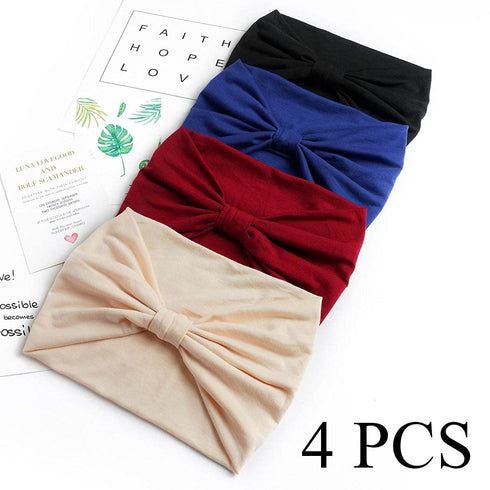Wide Headbands Stretch Turban Knotted Hairbands Elastic Yoga Workout Sweatband Running Sport Head Scarf Large African Head Wraps for Women 4 Pcs (...