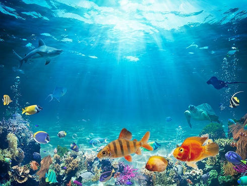 36X24IN Aquarium Background Under The Sea Coral Reef Scenery Backdrop Terrarium Background Underwater Marine Organism Fish Tank Background with 10...