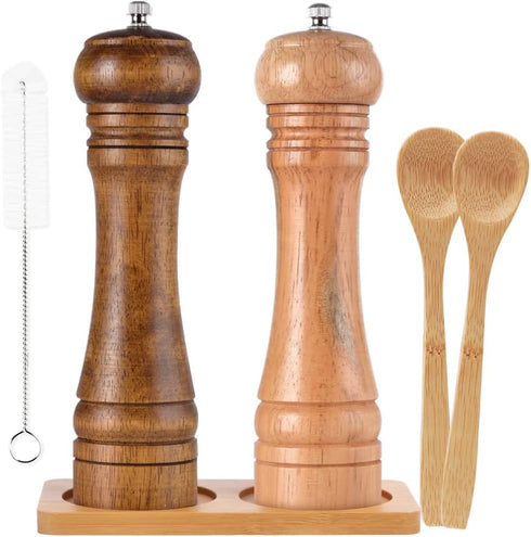 SZUAH Salt and Pepper Grinders, Oak Wooden Salt and Pepper Mills Shakers with Cleaning Brush & Wood Stand, Ceramic Rotor with Strong Adjustable Co...